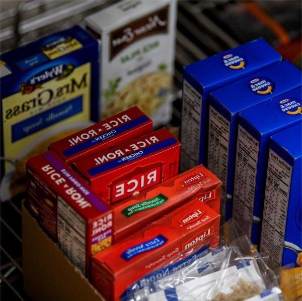 nonperishable food boxes on a shelf